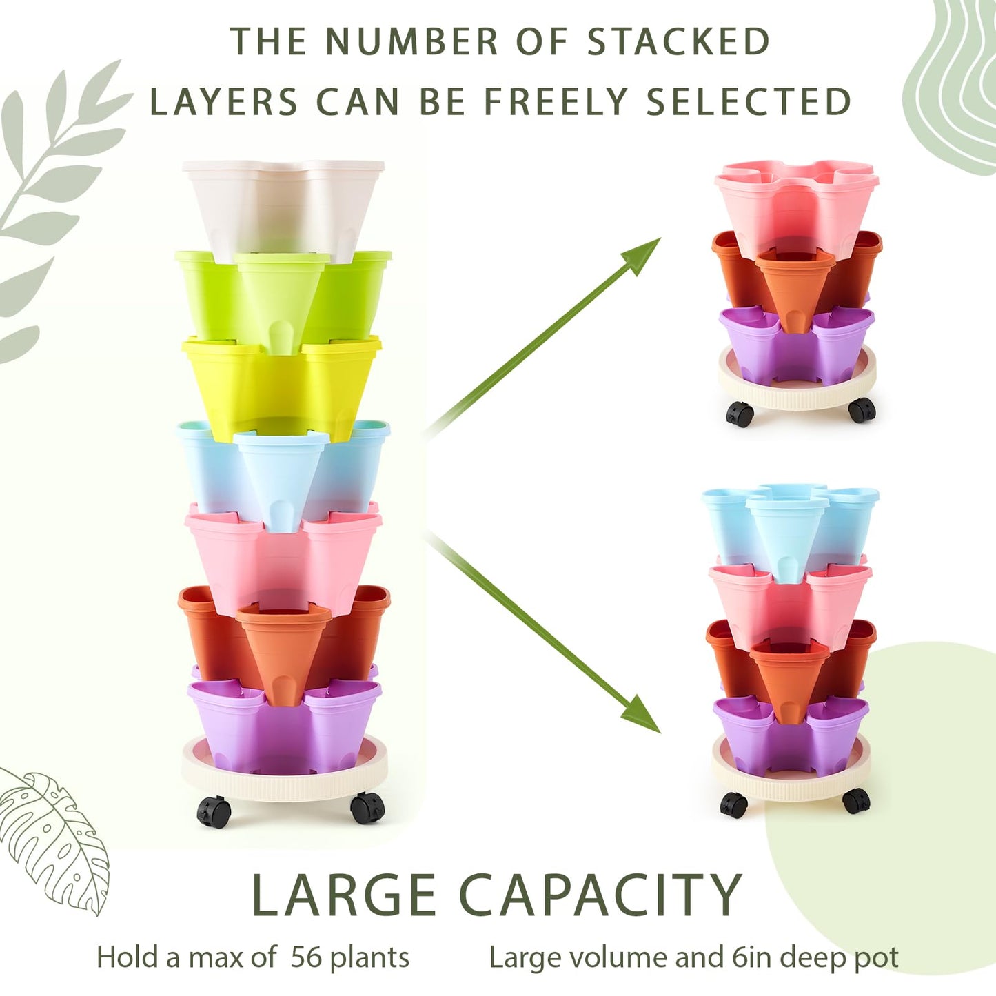 Umigy 2 Set of 7 Tier Vertical Planter Stackable Tower Planters Strawberry Herb Flower and Vegetable Pots Indoor Outdoor Gardening Pots with Removable Wheels and Tools(Macaron)