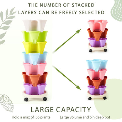 Umigy 2 Set of 7 Tier Vertical Planter Stackable Tower Planters Strawberry Herb Flower and Vegetable Pots Indoor Outdoor Gardening Pots with Removable Wheels and Tools(Macaron)