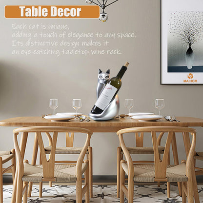 MAIHOM Tabletop Wine Rack Elegant Cat Shaped, Cat Decor Resin Wine Bottle Holder, Decorative Wine Storage for Home Bar, with Packaging for Cat Lovers Women, Silver
