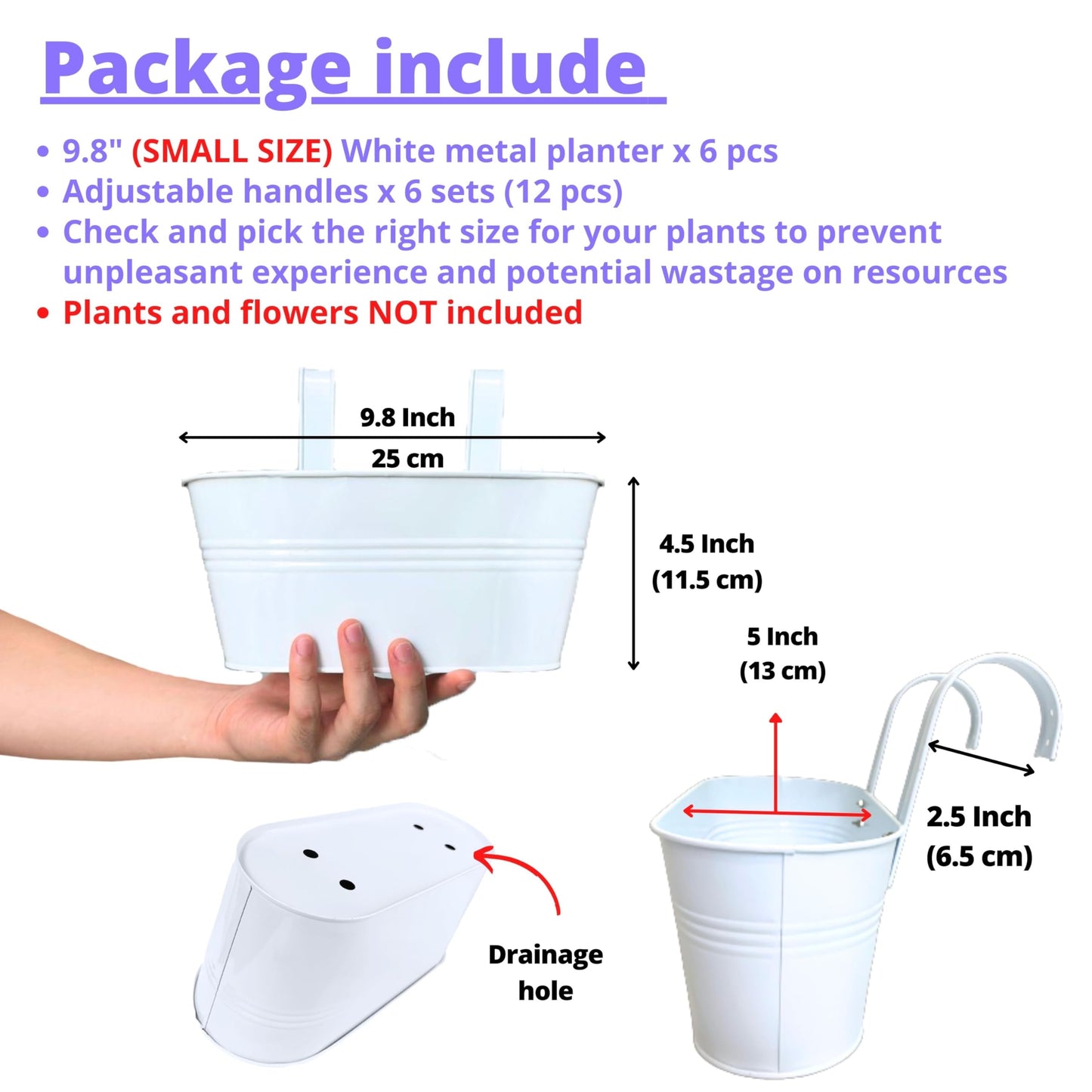 LaLaGreen Outdoor Rail Planter (6 Pack, 9.8 Inch) Small and Cute White Metal Iron Hanging Flower Pots Deck Railings Fence Buckets Countryside Style Wall Mount Window Box Plant Holder Hooks Porch Decor