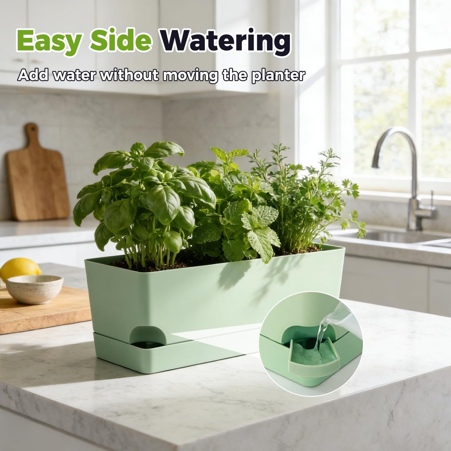 2 Pack Self Watering Pots for Indoor Plants 17 Inches Window Boxes Planters Rectangular Flower Pots Rectangle Herb Pots Large Plant Pots with Drainage Holes and Saucers Windowsill Planter, Green