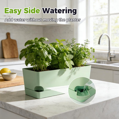 2 Pack Self Watering Pots for Indoor Plants 17 Inches Window Boxes Planters Rectangular Flower Pots Rectangle Herb Pots Large Plant Pots with Drainage Holes and Saucers Windowsill Planter, Green