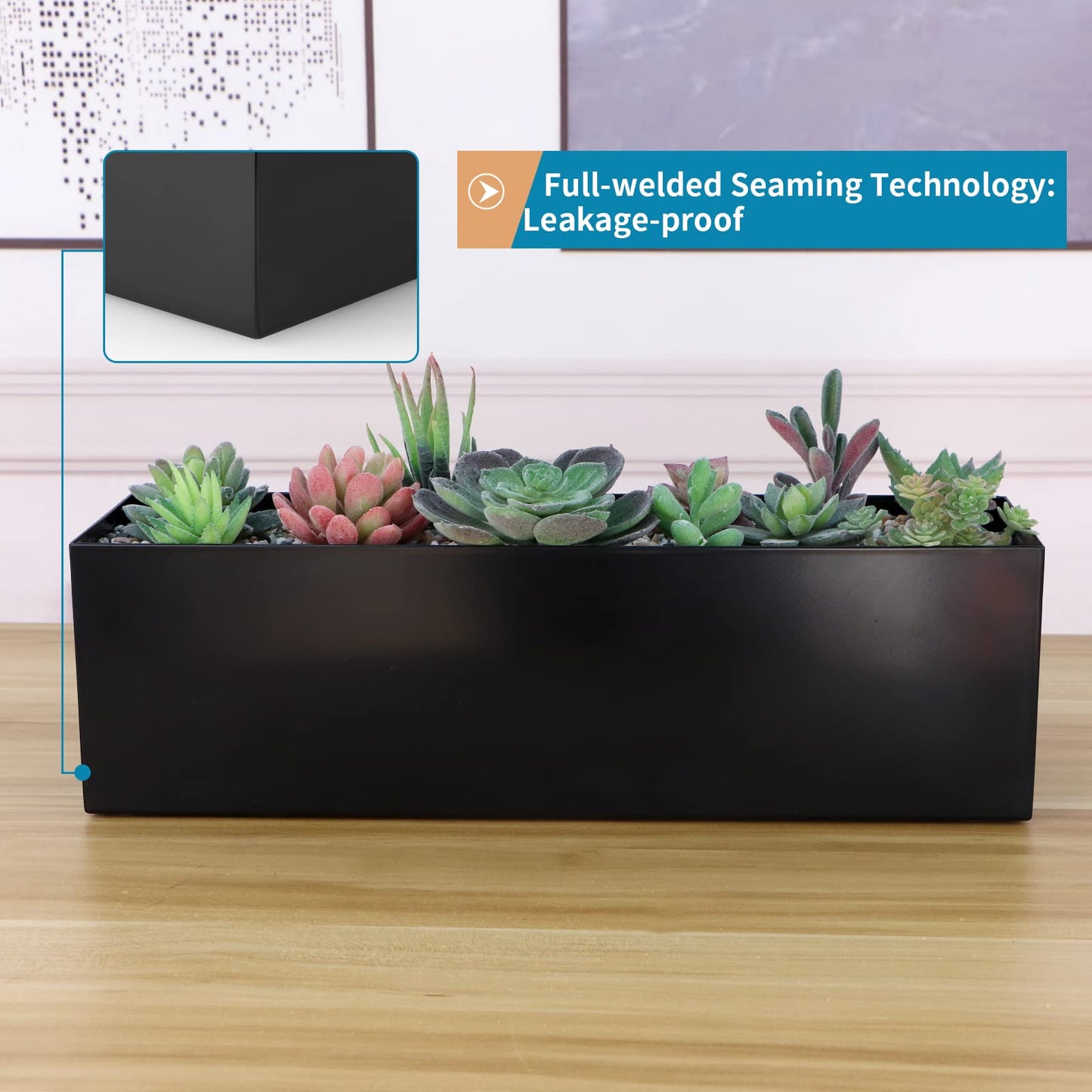 Sanbege 17" Large Stainless Steel Planter Box with Drain Holes and Water Reservoir, Rectangle Succulent Trough Planter Pot for Indoor Outdoor Windowsill, Table Decor (Black)