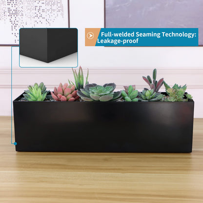 Sanbege 17" Large Stainless Steel Planter Box with Drain Holes and Water Reservoir, Rectangle Succulent Trough Planter Pot for Indoor Outdoor Windowsill, Table Decor (Black)