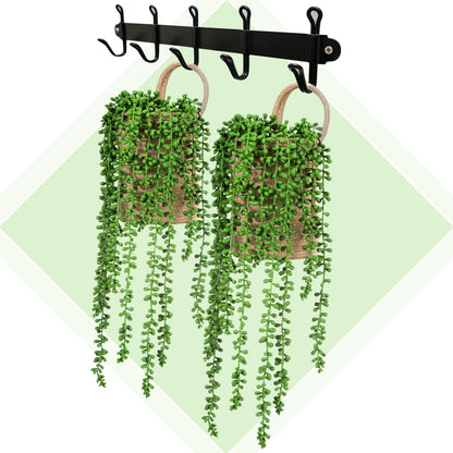 Umigy 2 Pack Wall Hanging Rope Baskets with 4 Pcs Faux Strings of Pearls Plant Jute Hanging Basket with Artificial Succulents for Porch Living Room Bedroom Entryway Patio Outdoor Decoration