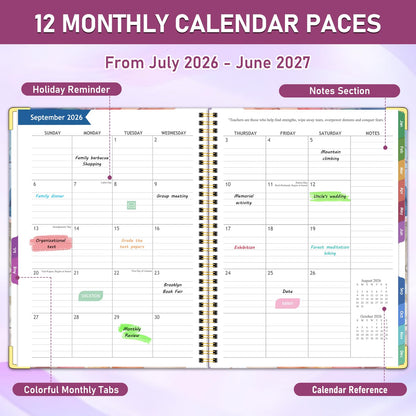 Teacher Planner 2026-2027, Jul 2026-Jun 2027 Academic Year, 8.5" x 11" Lesson Planner Book for Teacher Calendar, Spiral Bound Planners, Planning Stickers, Colorful Monthly Tabs, Flower