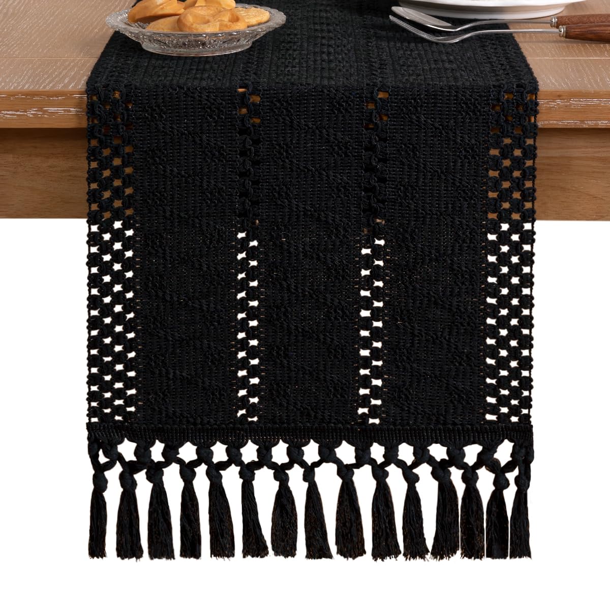 Socomi Boho Table Runner Summer Farmhouse Rustic Dining Kitchen Centerpiece Decor Small Macrame Woven Cotton Linen Coffee Table Runner for Dresser Scarf Home Decor 12x36 inch Black