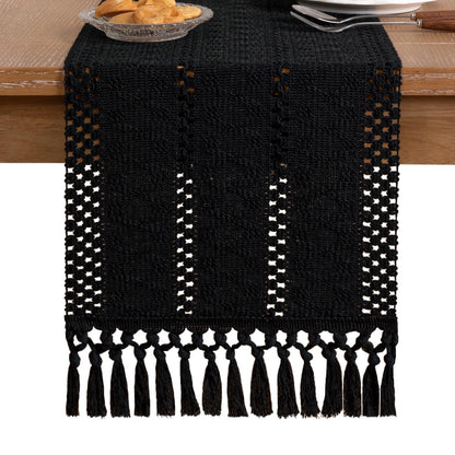 Socomi Boho Table Runner Summer Farmhouse Rustic Dining Kitchen Centerpiece Decor Small Macrame Woven Cotton Linen Coffee Table Runner for Dresser Scarf Home Decor 12x36 inch Black