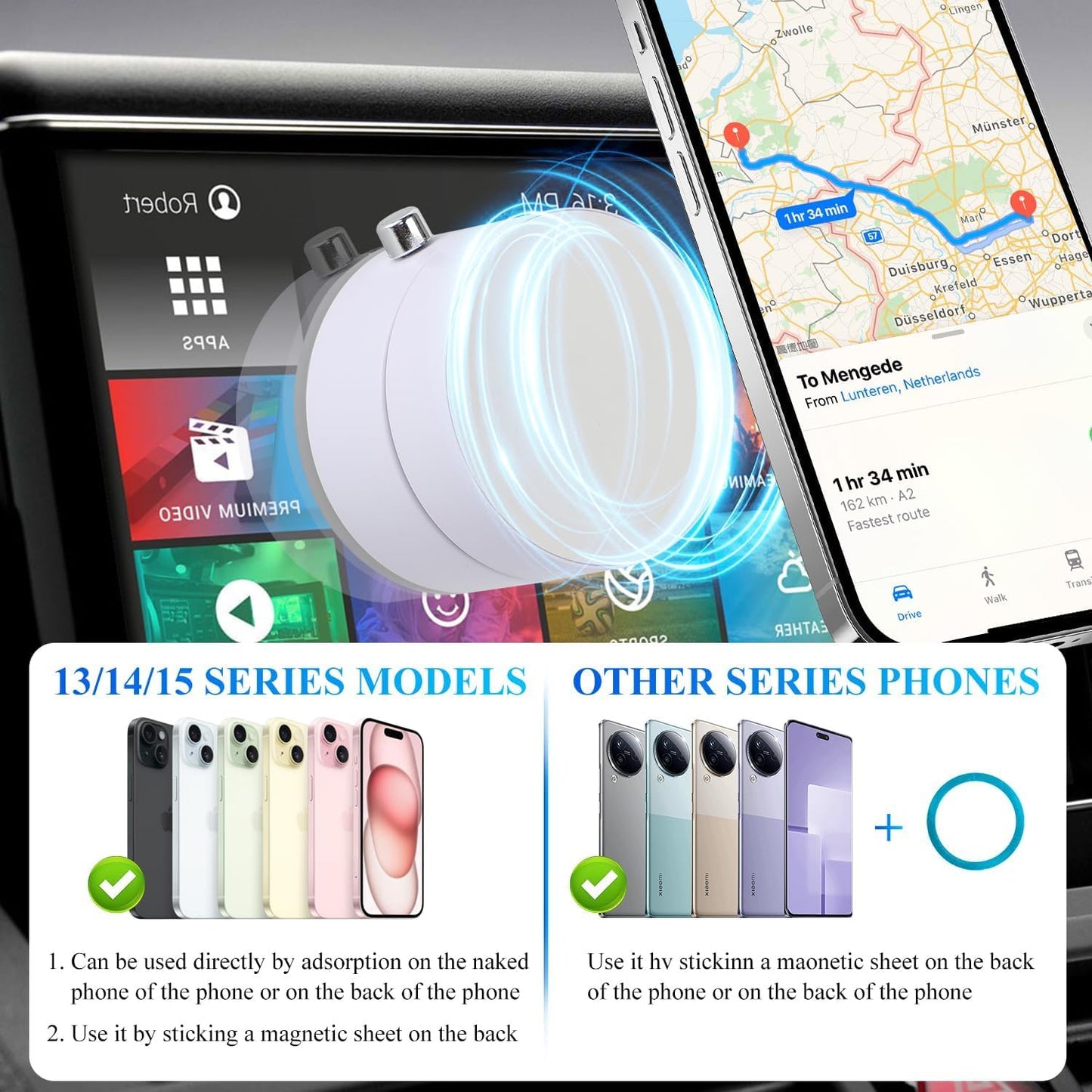 Car Phone Holder Upgraded Vacuum Magnetic Phone Holder for Car with N52 Magnet, Adjustable Suction Cup Phone Mount, Includes Metal Ring & Adhesive Pad, Fits iPhone & Android