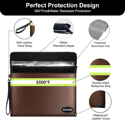6500°F Fireproof Document Bag,Upgraded Fireproof Money Bag with Waterproof Zipper,10 Layers Heat Insulated Materials/Reflective Strip with Handle for Important Documents（Not Fit A4 Files）