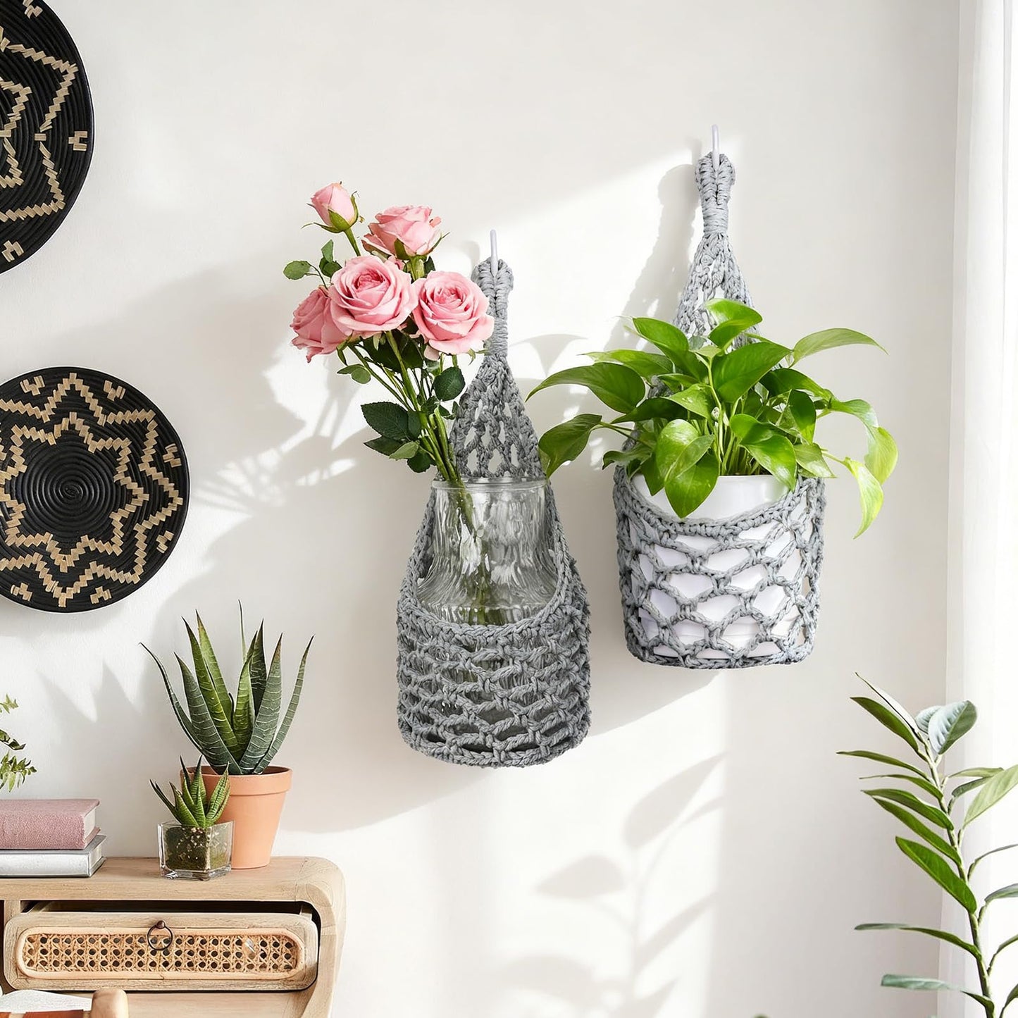 HOREAKHJ Macrame Wall Plant Hanger, Hanging Planter Basket Holder, Wall Planters for Indoor Plants, for Up to 6 Inch Pot (Grey, 6-Inch)