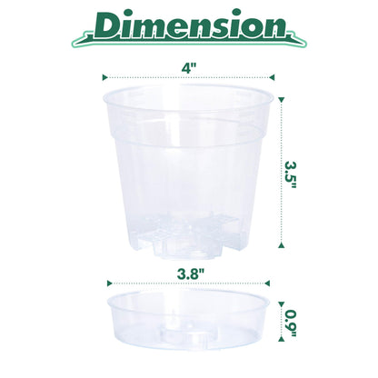 4 Inch Clear Plastic Plant Pot with Drainage Holes, Interlocking & Detachable Tray - Deep Saucer - Durable BPA-Free Plastic, Transparent Design, Raised Base for Airflow, Set of 6, 92-X-A-2