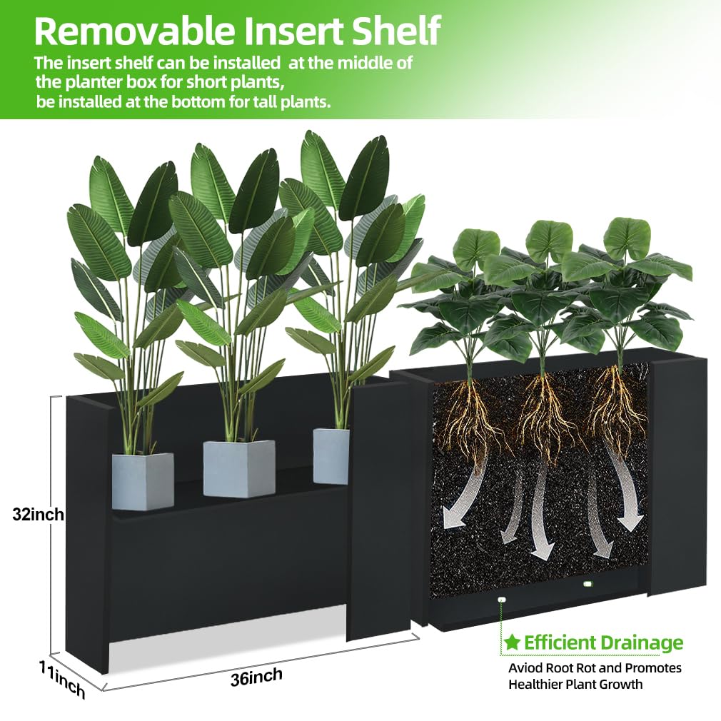 Megawodar Metal Tall Long Planter Box Large Rectangular Planter Flower Pot with Drainage Holes for Indoor Outdoor Deck Porch Garden Home Patio Front Door (Black, 36" L x 11" W x 32" H)
