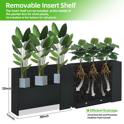 Megawodar Metal Tall Long Planter Box Large Rectangular Planter Flower Pot with Drainage Holes for Indoor Outdoor Deck Porch Garden Home Patio Front Door (Black, 36" L x 11" W x 32" H)
