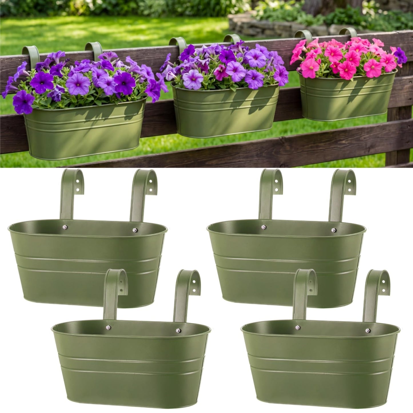 Hicarer Metal Hanging Flower Pots for Railing Fence, Large Hanging Rail Planters for Outdoor Window Balcony Plants Holder with Hooks for Garden Yard Home Decor(Green,4 Pcs)