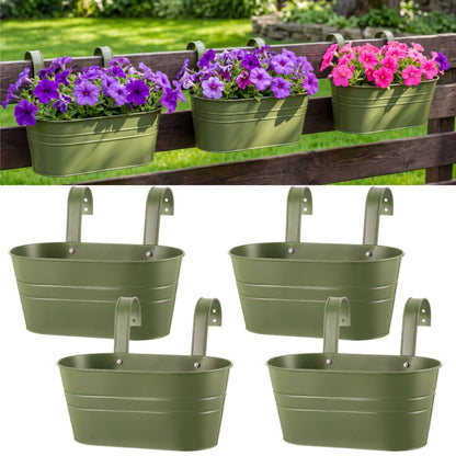 Hicarer Metal Hanging Flower Pots for Railing Fence, Large Hanging Rail Planters for Outdoor Window Balcony Plants Holder with Hooks for Garden Yard Home Decor(Green,4 Pcs)