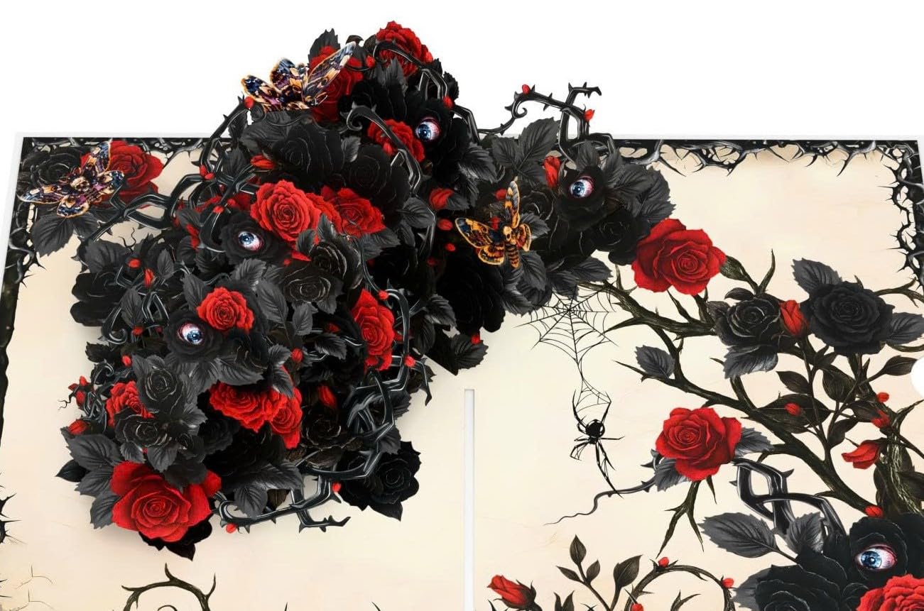 4BO Craft Gothic Black Rose 3D Greeting Card, Halloween Pop Up Card, Happy Halloween Birthday Card, Spooky Anniversary Cards for Wife Women, Goth Valentines Card