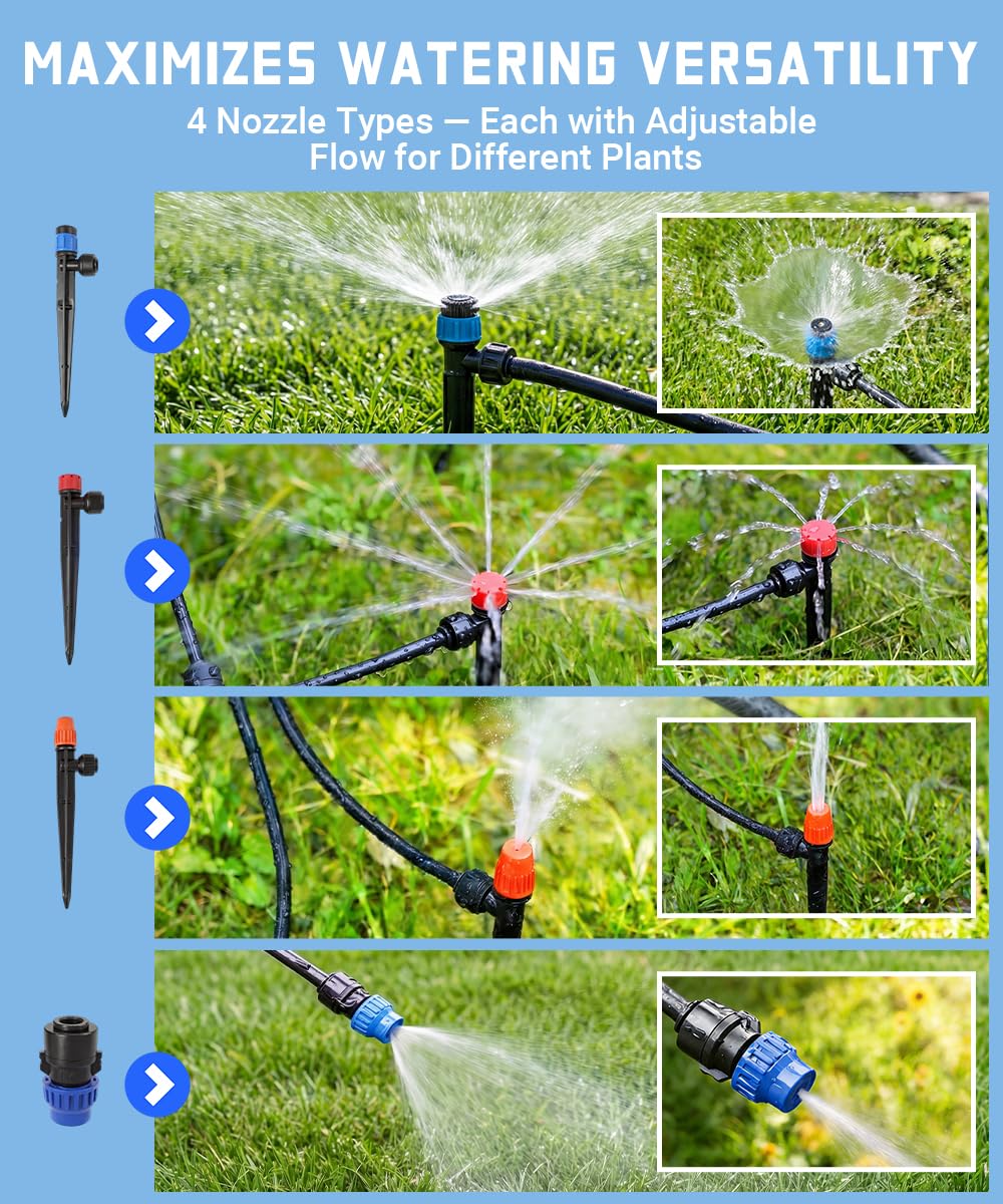 237FT All Quick-Connect Drip Irrigation System Kit with 40 Adjustable Nozzles, UV-Proof 1/2" & 1/4" PE Tubing, for Greenhouse, Lawn & Potted Plants Watering (40FT + 197FT)