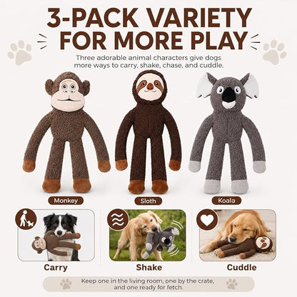 No Stuffing Dog Toys, 3-Pack Squeaky Crinkle Set | 3-pack stuffing-free plush dog toys with squeakers and crinkle sound for supervised indoor play, fetch, tug, and teething