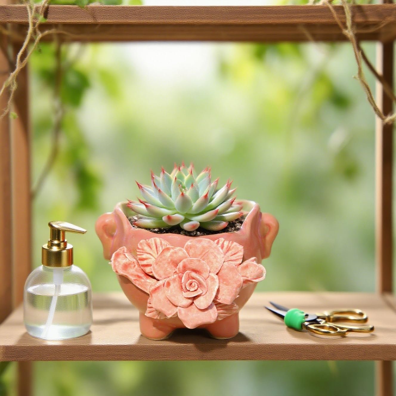 FMTITF Ceramic Planter for Succulents & Flowers 4" H, Cracked Rim with Sculptural Appliqué Design, Indoor/Outdoor Glossy Glaze Flower Pot, Drainage Plug & Curved Handles, Compact Tabletop Decor
