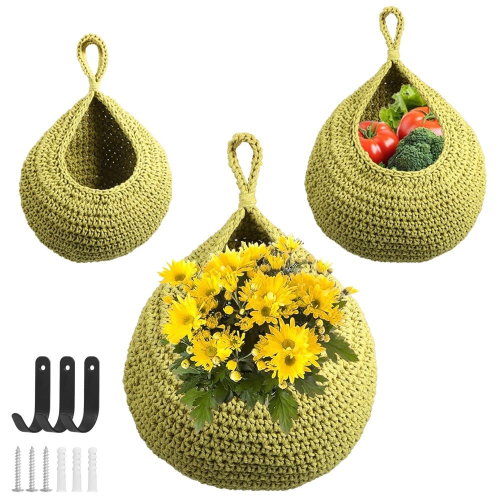 LucyPhy Hanging Storage Basket Set of 3 Sizes - Cotton Rope Organizer with Hooks for Home, Kitchen, Bathroom & Wall