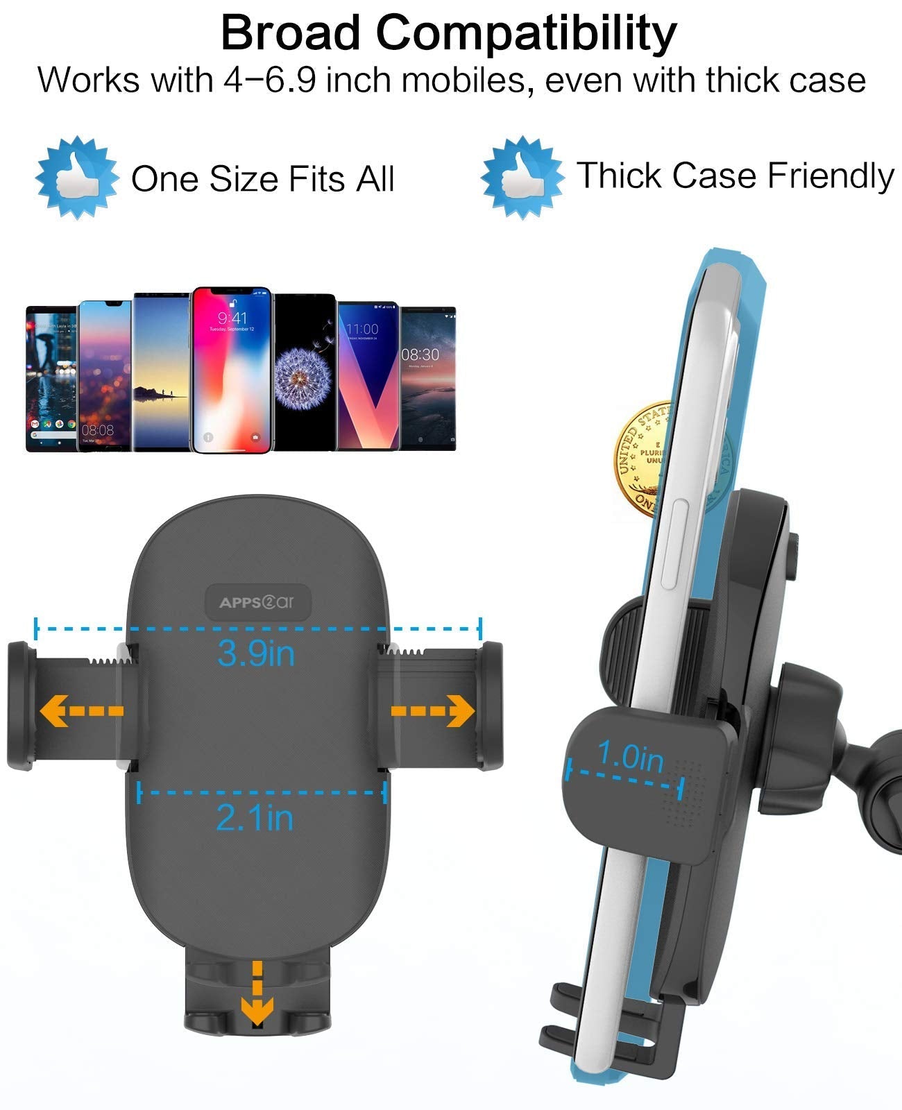 APPS2Car Phone Stand for Desk [No Dropping Stable Triple-Clamp Holder] Adjustable Height 360 Degree Rotation Heavy Base Thick Case Friendly, Multifunctional Cell Phones Stand for iPhone Android Phones