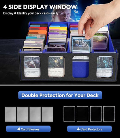 MoKo Card Storage Box for Trading Cards, 3000+ MTG Deck Box with 24 Colorful Dividers & 4 Card Supporters, Commander Card Deck Case with Display Window, Fits for Magic Game Cards, YugiOh, Black Blue