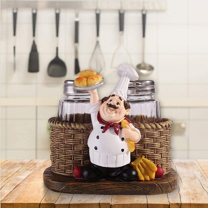 Salt and Pepper Shakers Set,Sitting Chef Decorative Statue Spice Organizer,Glass Spice Jars with Holder Figurine Gift for Family,Kitchen,Restaurant, Cafe,Bakery (Bread)