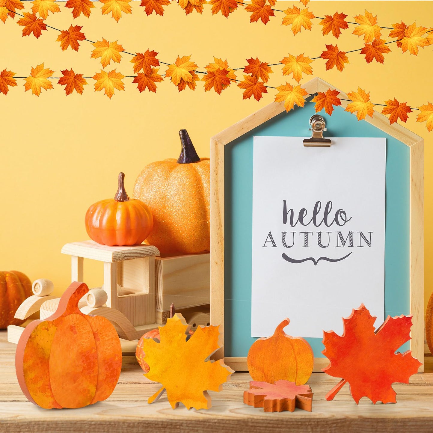 Bencailor 12 Pcs Fall Tiered Tray Decor Wooden Pumpkins Maple Leaf Decor Fall Table Decoration Thanksgiving Centerpiece for Home Desk Office Party Decoration