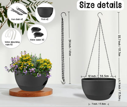 zople 2 Pack 12 Inch Self Watering Hanging Planters for Indoor Plants, Large Black Plastic Hanging Pots with Chains for Outdoor Patio Garden Home Decor Black