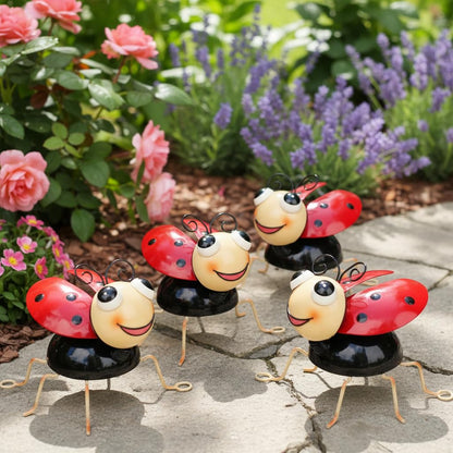 Cruis Cuka Metal Yard Art Garden Decor for Outside Cute Red Ladybugs Lawn Patio Ornaments Backyard Decorations Garden Gifts for Mom - Set of 4