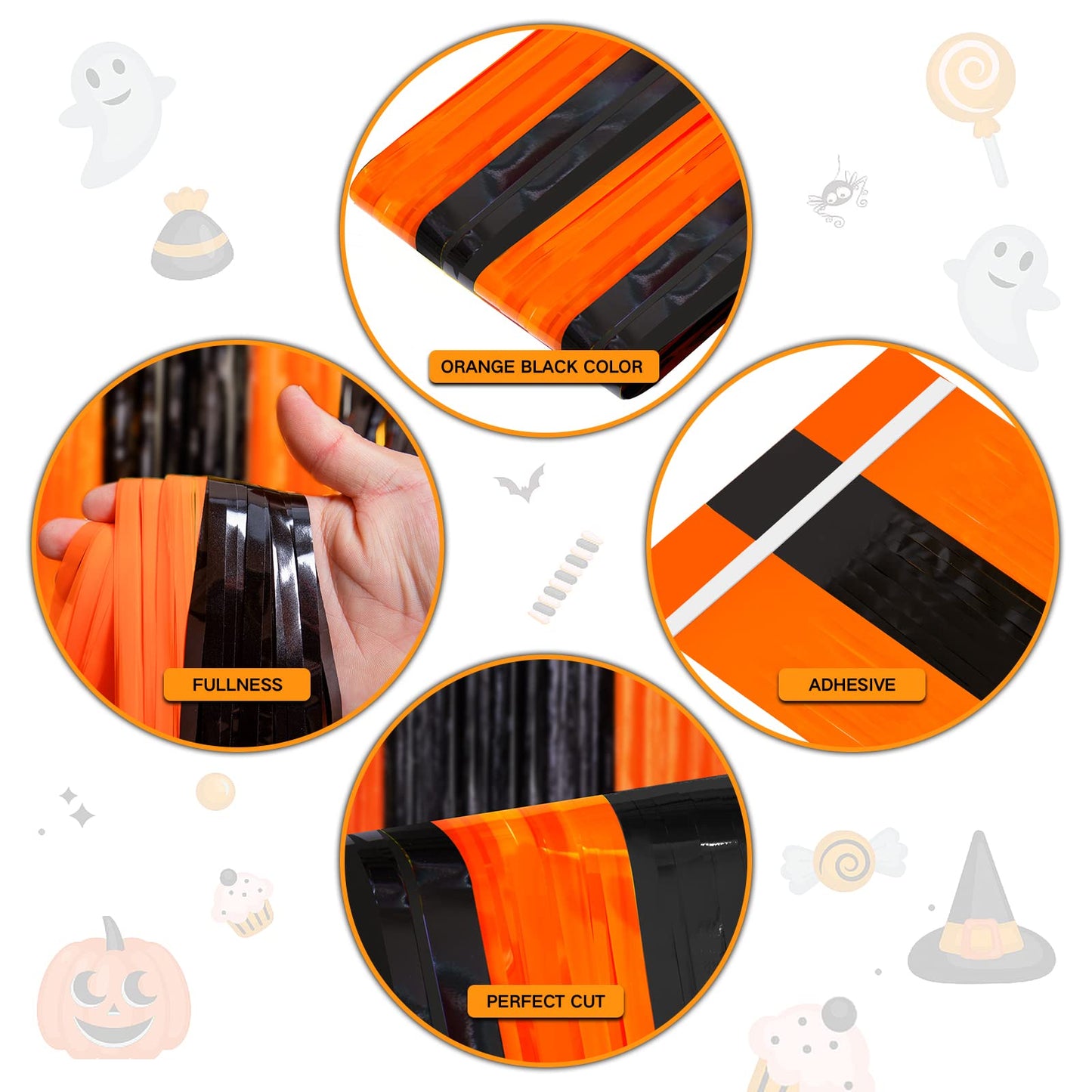 4 Pack Black and Orange Tinsel Foil Fringe Curtains, Halloween Party Photo Backdrop Streamers Backdrop for Birthday Anniversary Party Halloween Party Decoration