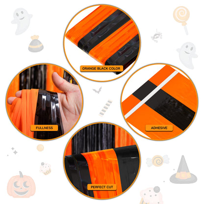 4 Pack Black and Orange Tinsel Foil Fringe Curtains, Halloween Party Photo Backdrop Streamers Backdrop for Birthday Anniversary Party Halloween Party Decoration