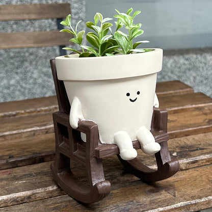 Cute Plant Pots Large Smily Face Planter Pot Resin Flower Head Planters for Indoor Outdoor Plants Unique Sit Rocking Chair Succulent Pot with Drainage Hole Best Gift for Mother and Plant Lovers