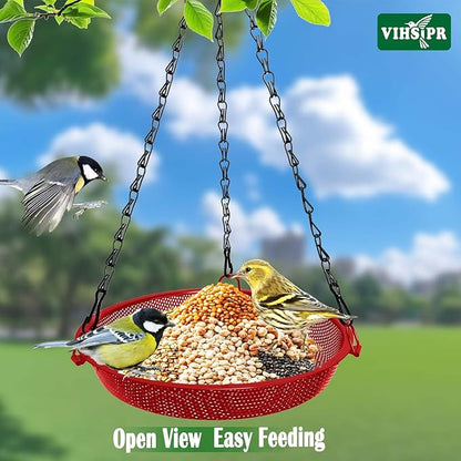 Hanging Bird Feeder for Outdoors – 9 in Metal Mesh Bird Feeder Tray Platform for Small Wild Birds, Red