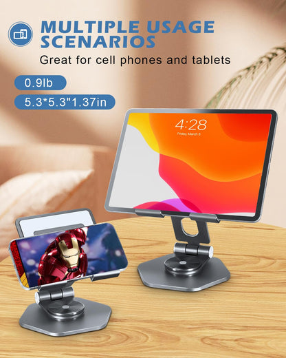 SOJUNER Aluminum Tablet Stand for Desk, 360° Swivel iPad & Tablet Holder – Thickened Material & Foldable Desktop Mount for 5–12.9in Devices, Grey
