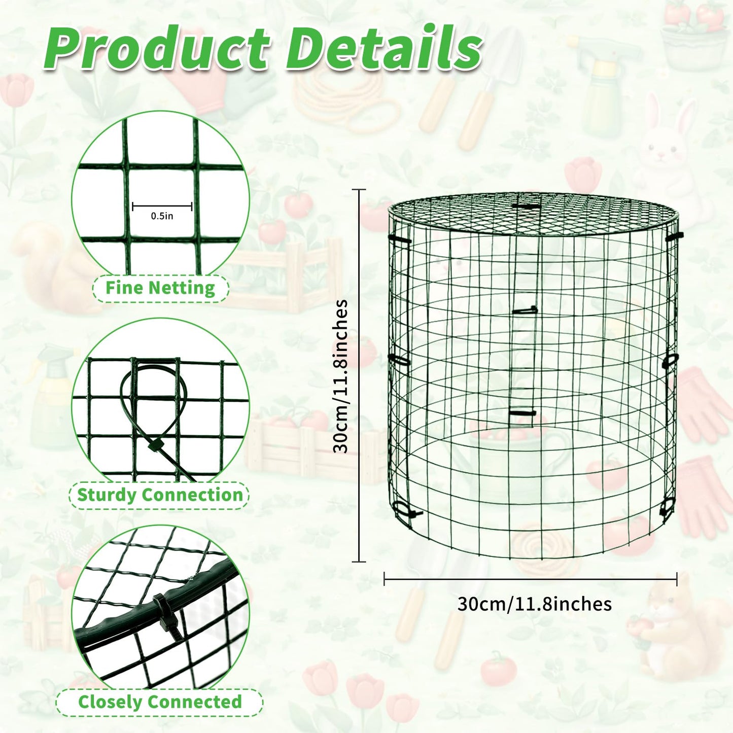 PREUVEDE 6 Pack Dark Green Plant Protectors, 11.8×11.8in Round Wire Garden Fence Cage with Lid, Animal-Proof Mesh Plant Covers for Rabbits, Squirrels & Pets, Stakes, Zip Ties & Gloves Included