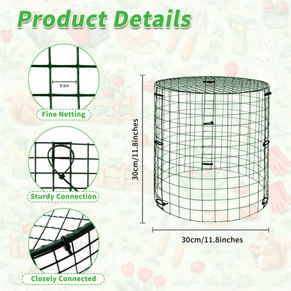 PREUVEDE 6 Pack Dark Green Plant Protectors, 11.8×11.8in Round Wire Garden Fence Cage with Lid, Animal-Proof Mesh Plant Covers for Rabbits, Squirrels & Pets, Stakes, Zip Ties & Gloves Included
