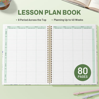 SUNEE 8 Period Teacher Lesson Plan Book - Days Vertically, Undated Teacher Planner 2026-2027 Academic Year, 8.5 x 11 Inch, 104 Pages/52 Sheets (40 Weeks), Waterproof PVC Cover, Back Pocket, Full Leaf