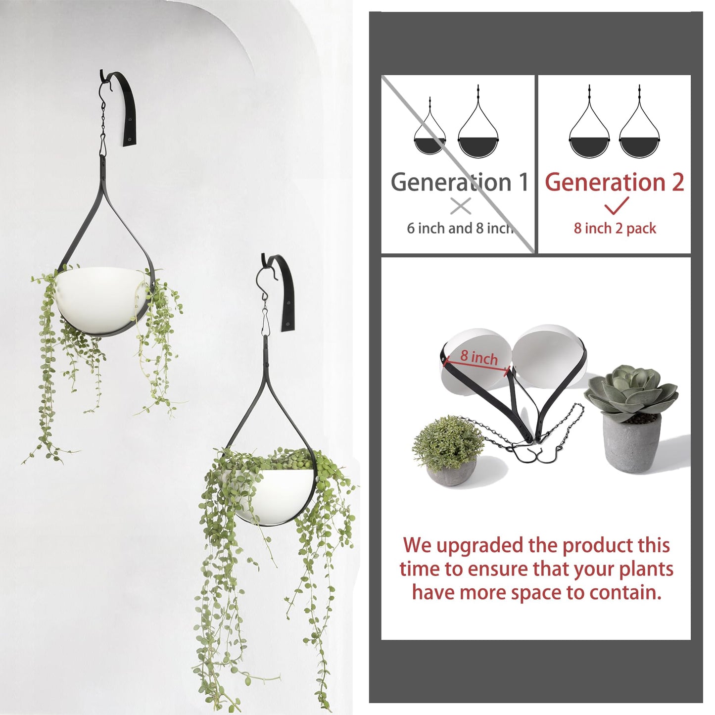 Hajia 2 Pack Waterdrop Shaped Hanging Planters, Black Iron Plant Hangers with Non-Detachable Pots, Modern Indoor/Outdoor Hanging Plant Holder
