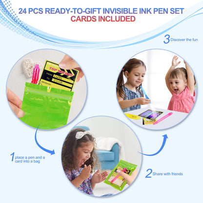 D&N Lifestyle Invisible Ink Pens for Kids, 24 Pack UV Secret Message Pens with Word Search & Maze Cards and Gift Bags, End of School Year Gifts for Students, Party Favors, Goodie Bag Stuffers