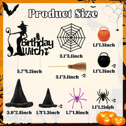 Morofme 13pcs Witch Cake Topper Halloween Cake Decoration Halloween Witch Cakes Decorations Black Themed Cupcake Toppers Hat Broom Spider Web Glitter Happy Birthday Decor for Scary Party Supplies