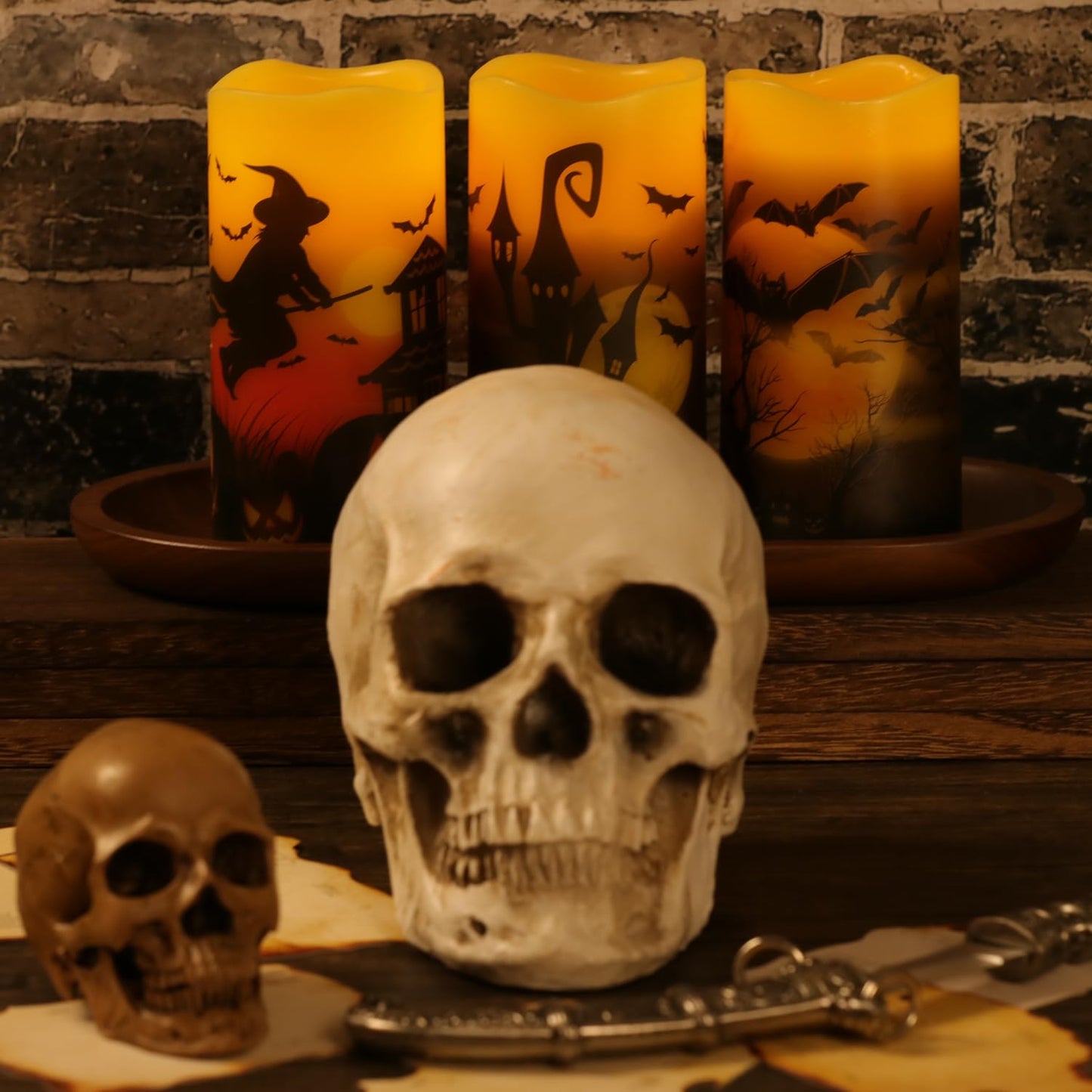 OWLBAY Set of 3 Halloween Flickering Flameless Candles with Remote and Timer, Real Wax Battery Operated LED Pillar Candles Assorted Decals Witch, Bats, Castle for Holiday Decor (D 3" H 6")
