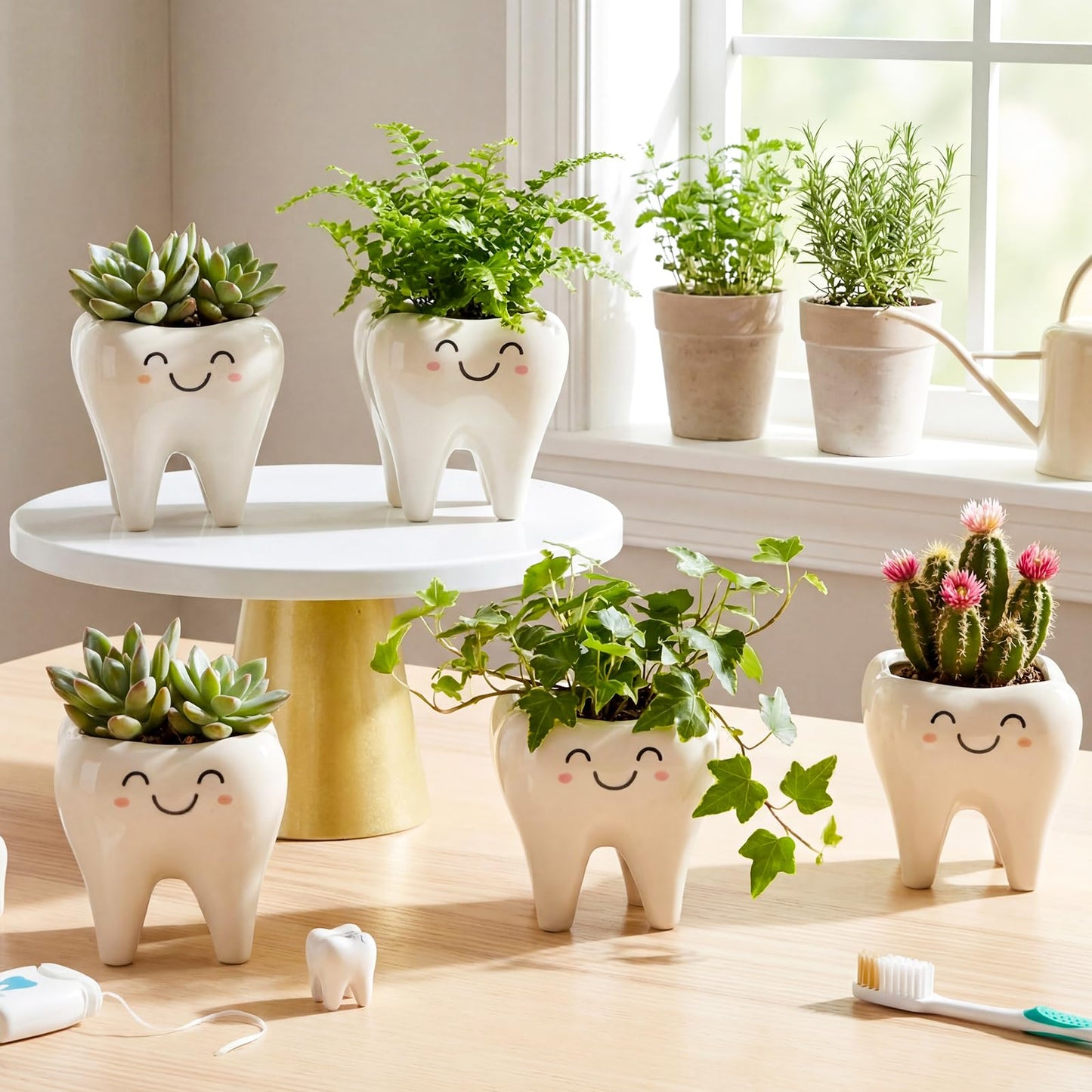 FoldTier Dental Hygienist Gifts Cute Tooth Shaped Planters Ceramic Succulent Cactus Flower Pot Funny Mini Office Pen Holder for Dental Assistant Graduation Accessories Dentist Office Decor(4 Pcs)