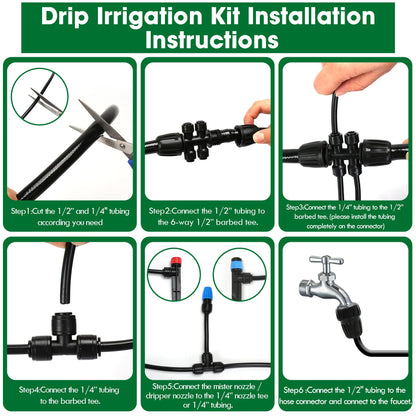 Drip Irrigation Kit, Flantor 190FT Greenhouse Drip Irrigation System Adjustable Garden Watering System with 1/2" & 1/4" Irrigation Tubing, Patio Misting Plant Watering System for Garden and Lawn