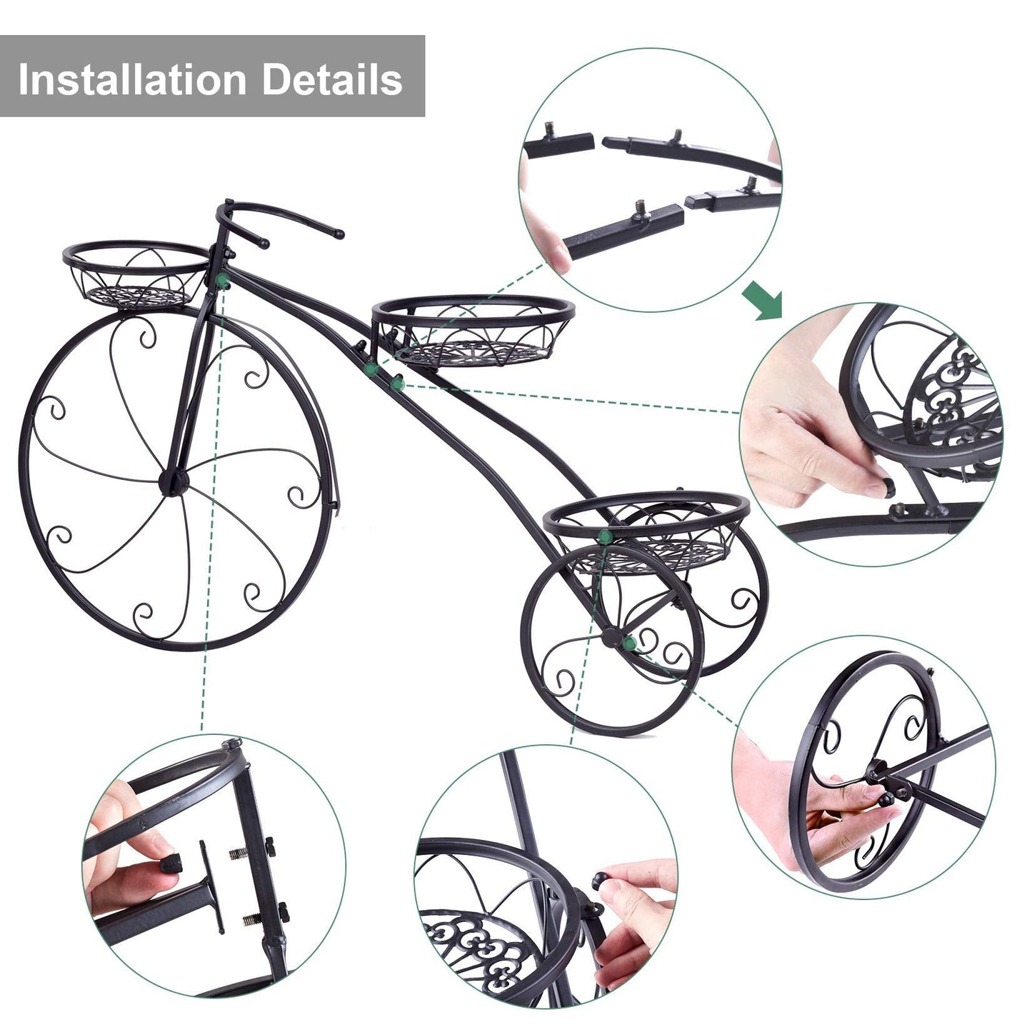 unho Tricycle Iron Planter Stand: 3 Potted Bicycle Shape Plant Flower Pot Rack Metal Display Shelf Holder for Patio Garden Indoor Outdoor
