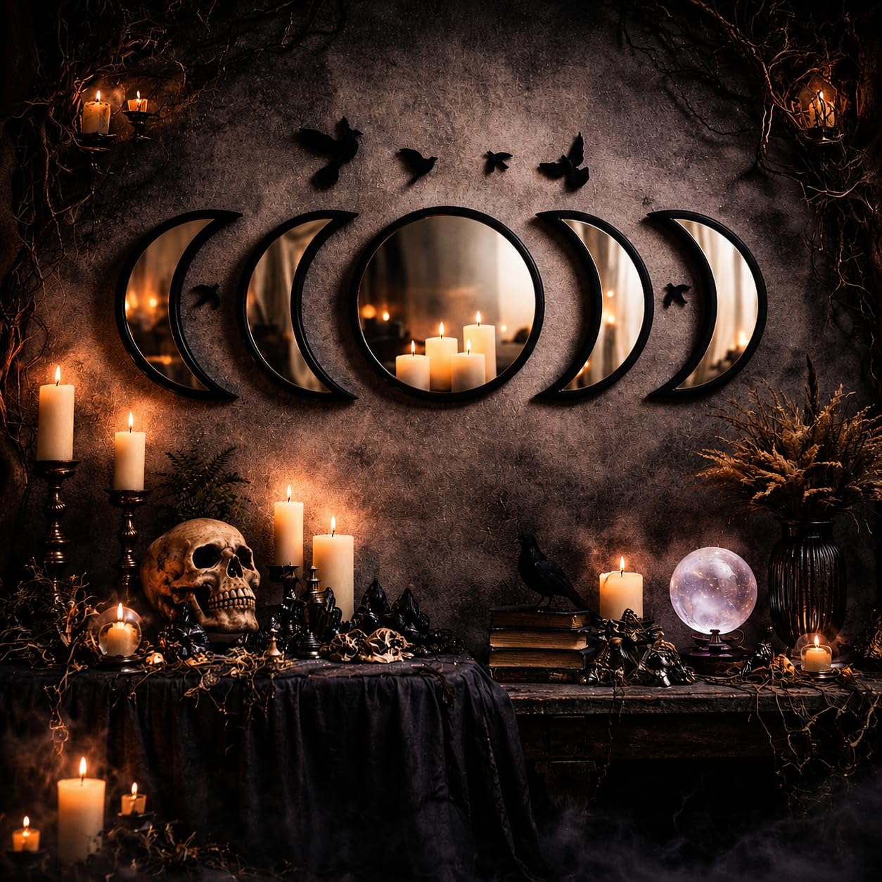 NESHE Moon Phase Mirror Wall Decor Set with Birds | Gothic Witchy Boho Wall Mirror Decor | Scandinavian Aesthetic Home Decor for Bedroom Living Room (Black)
