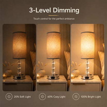 Wiomonrew Crystal Table Lamp 14.6", 3-Way Dimmable with Touch Control, USB Charging Ports & AC Outlet, Bulb Included, – 3000K Warm White for Bedroom Living Room
