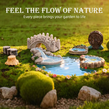 VerdantVibes 21-Piece Fairy Garden Kit with Mini Bridge, Waterwheel & Tree Stump Piers - Woodland Pond Decor Set for DIY Craft, Indoor/Outdoor Garden Accessories