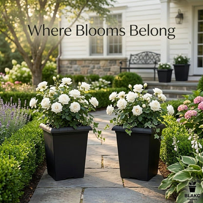 10 inch Square Planters - 4 Pack Deep 13 inch Plastic Plant Pot with Drainage Holes & Raised Feet, Matte Black 4 Gal Heavy Duty Thick Indoor Outdoor Flower Pot for Trees, Roses, Tomatoes
